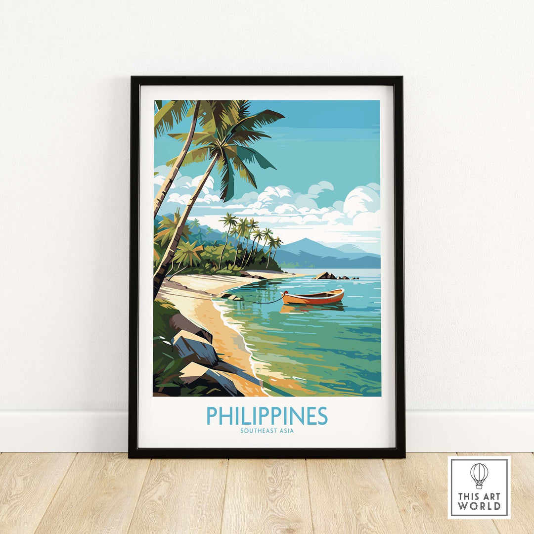 Philippines wall art print showcasing tropical beach scene with palm trees and a boat in colorful style.