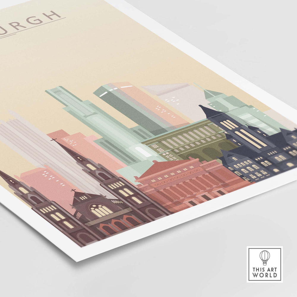 Pittsburgh skyline wall art poster featuring modern and classic architectural styles in vibrant colors.