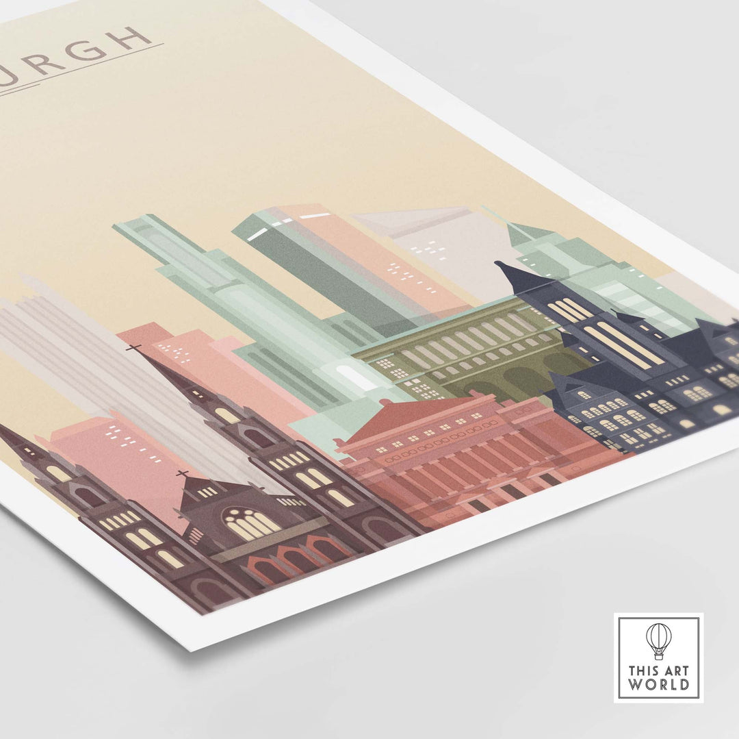 Pittsburgh skyline wall art poster featuring modern and classic architectural styles in vibrant colors.