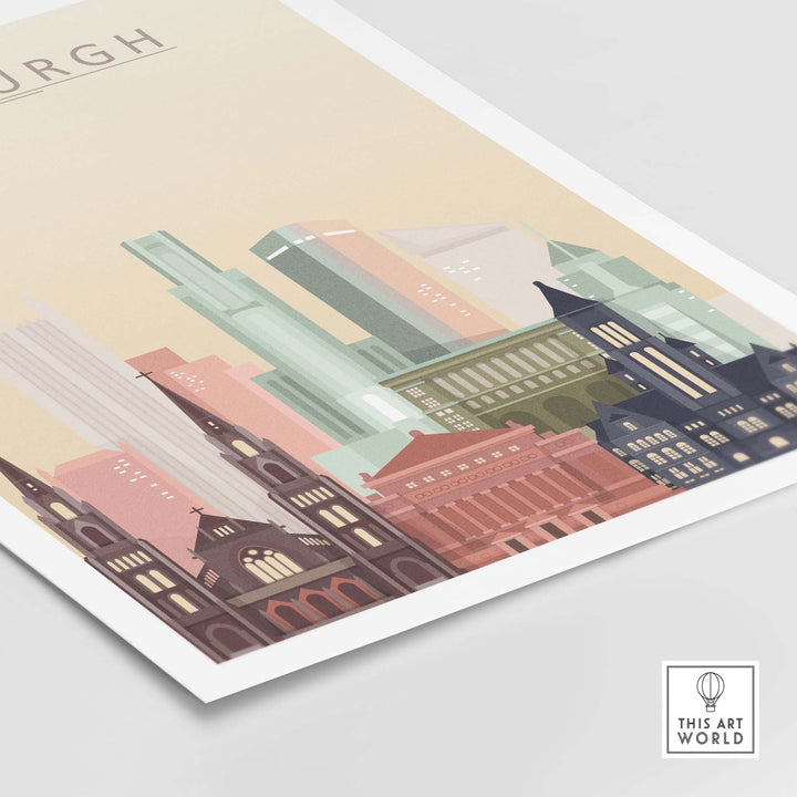 Pittsburgh skyline wall art poster featuring modern and classic architectural styles in vibrant colors.