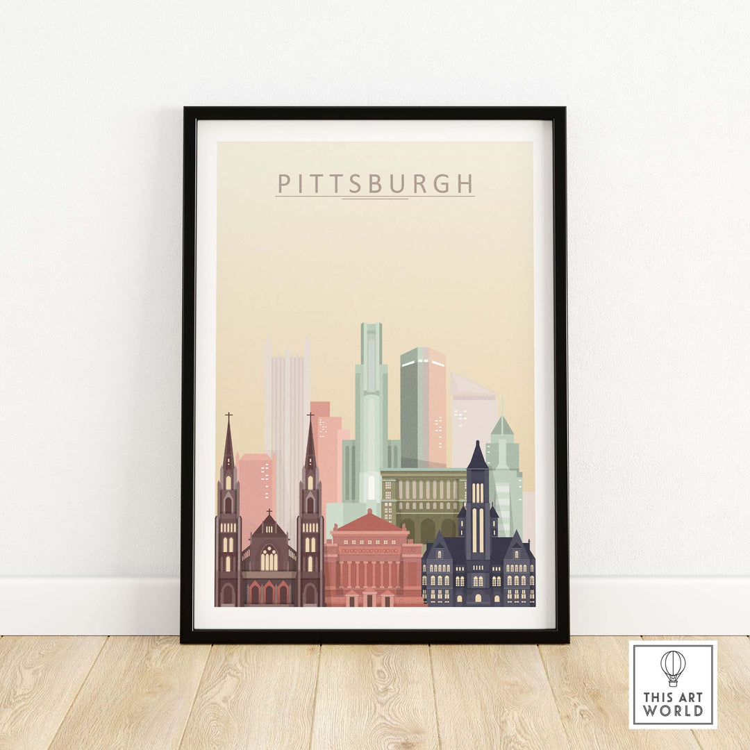 Pittsburgh skyline poster wall art in a black frame, featuring iconic city buildings and modern design.