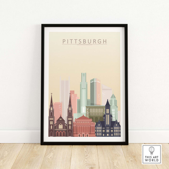 Pittsburgh skyline poster wall art in a black frame, featuring iconic city buildings and modern design.