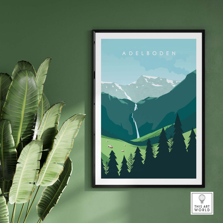 Adelboden travel poster print showcasing Swiss mountains and waterfalls, perfect for European wall art decor.
