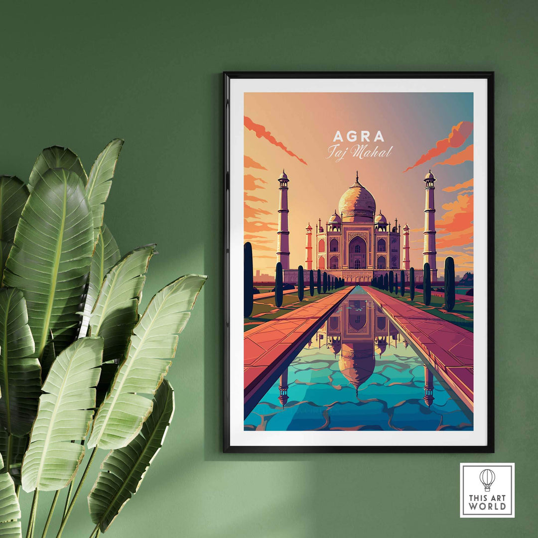 Vibrant Taj Mahal Agra wall art print showcased on a green wall, featuring stunning reflections and lush plants.