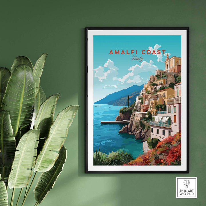 Amalfi Coast Travel Poster Print showcasing colorful coastal buildings and serene blue waters of Italy.