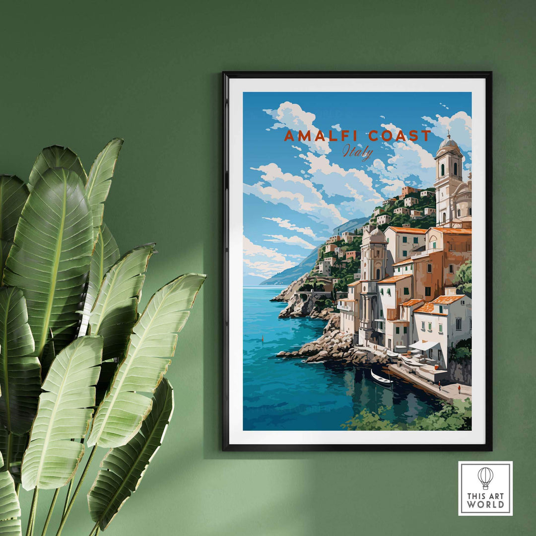 Amalfi Coast Italy travel poster featuring a picturesque landscape and coastal villas in pastel shades.