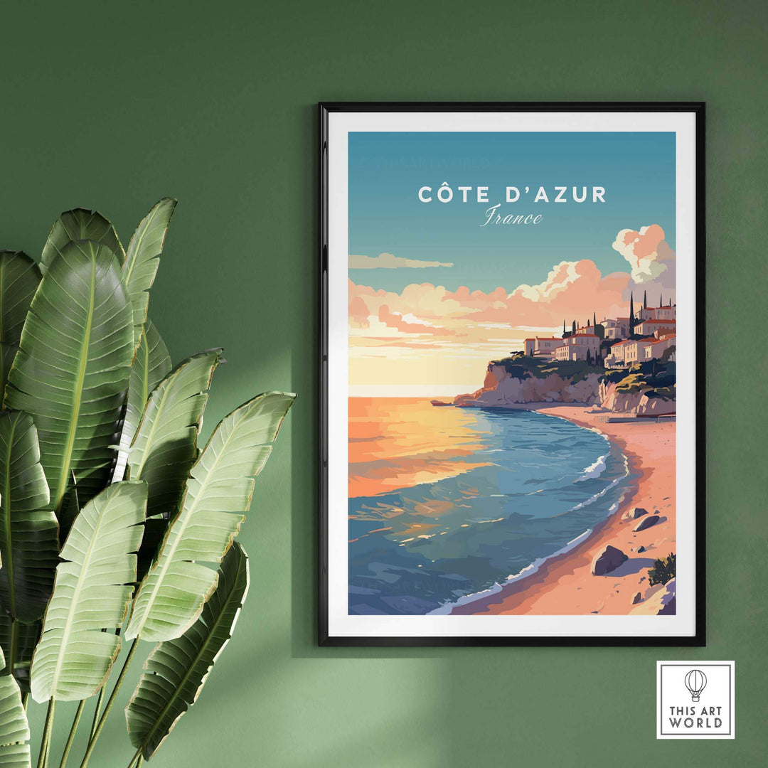 Vibrant Côte d'Azur travel poster print displayed on a green wall, capturing the stunning French coastline.