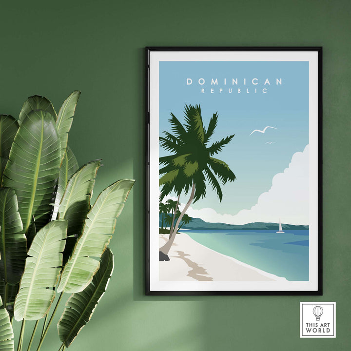 Dominican Republic travel poster print with palm trees and beach scene on a green wall, vibrant Caribbean art decor.