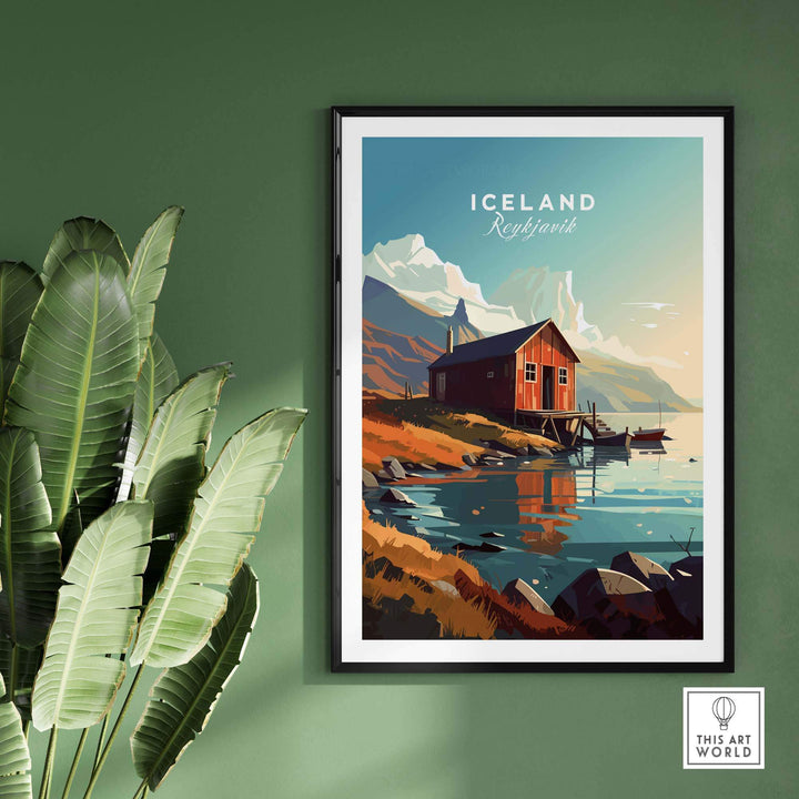 Iceland Reykjavik poster featuring a scenic landscape with a colorful cabin, ideal for home decor and travel enthusiasts.