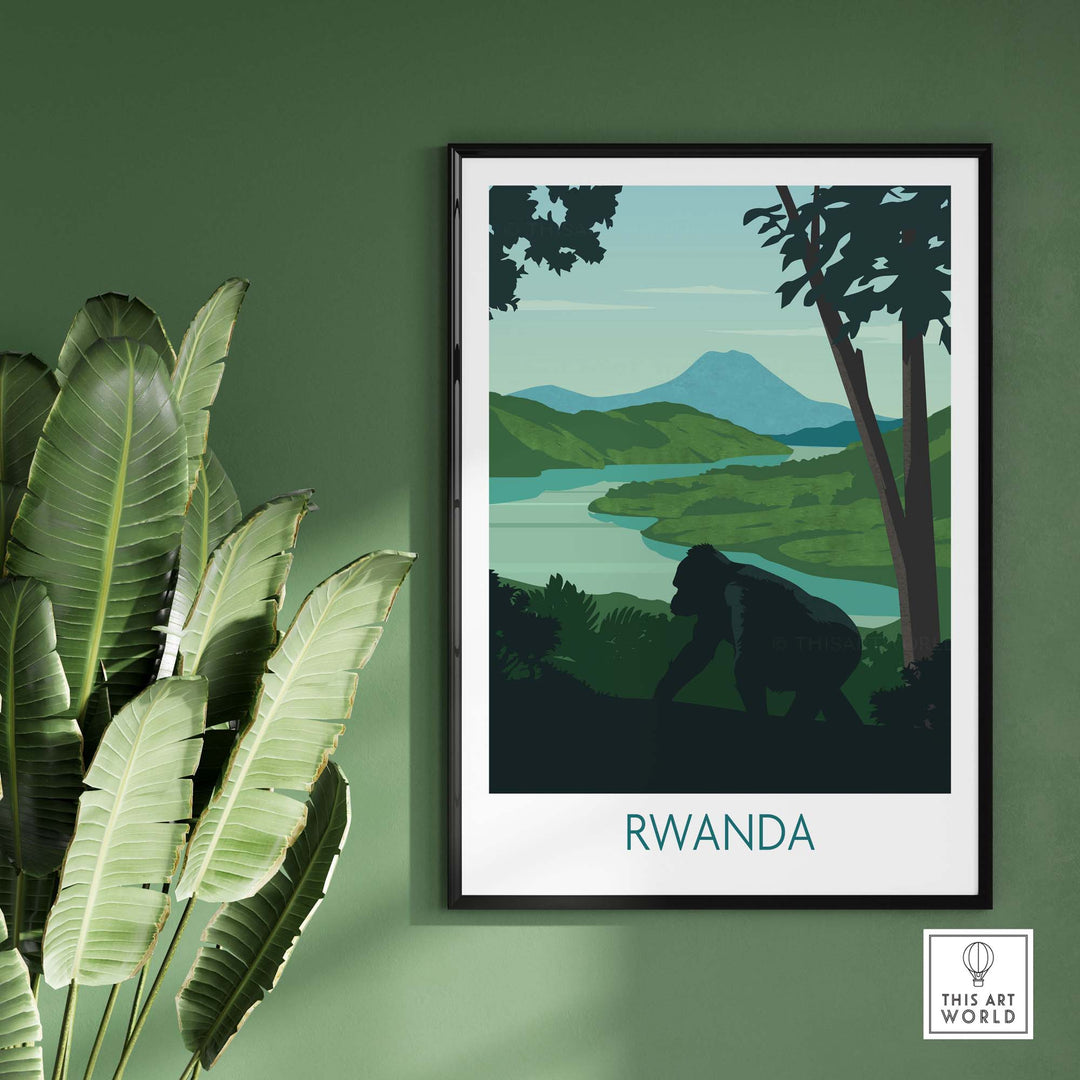Rwanda Mountain Gorilla wall art print featuring vibrant colors and lush landscape for home decor.