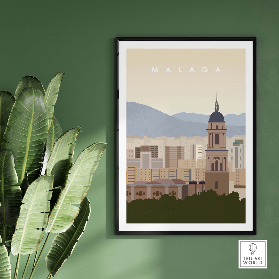 Minimalist Malaga Travel Poster Print featuring cityscape and mountains, perfect for modern home decor.