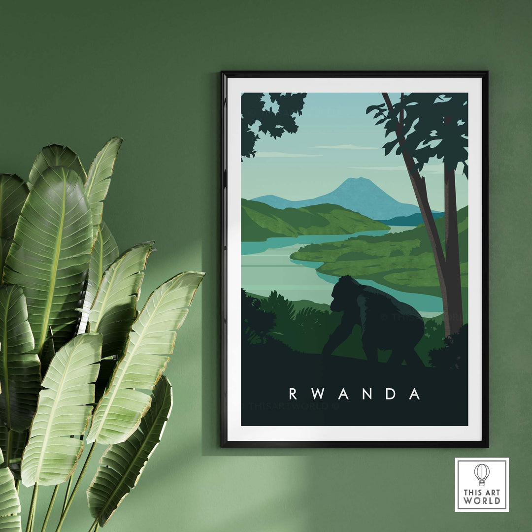 Rwanda travel poster print featuring mountain gorillas and national park scenery, perfect for safari-inspired decor.
