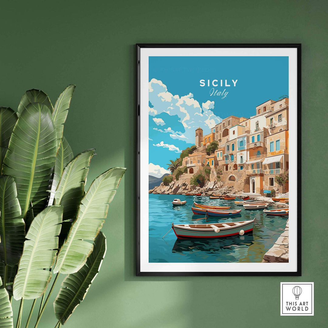 Sicily Wall Art Print showcasing vibrant boats and coastal buildings in Italy's beautiful landscape.