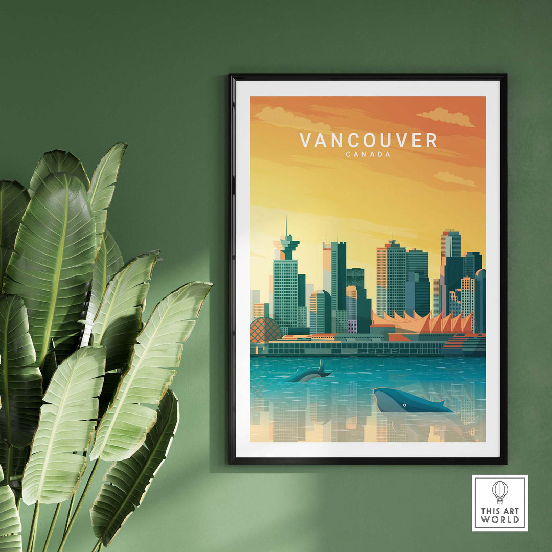 Vancouver Canada travel poster print featuring city skyline and whales against a sunset backdrop.
