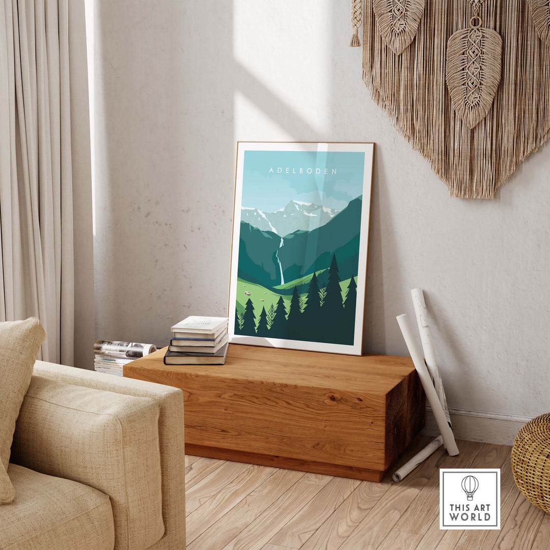 Adelboden travel poster print showcasing Swiss mountains and waterfalls in a stylish living room setting.