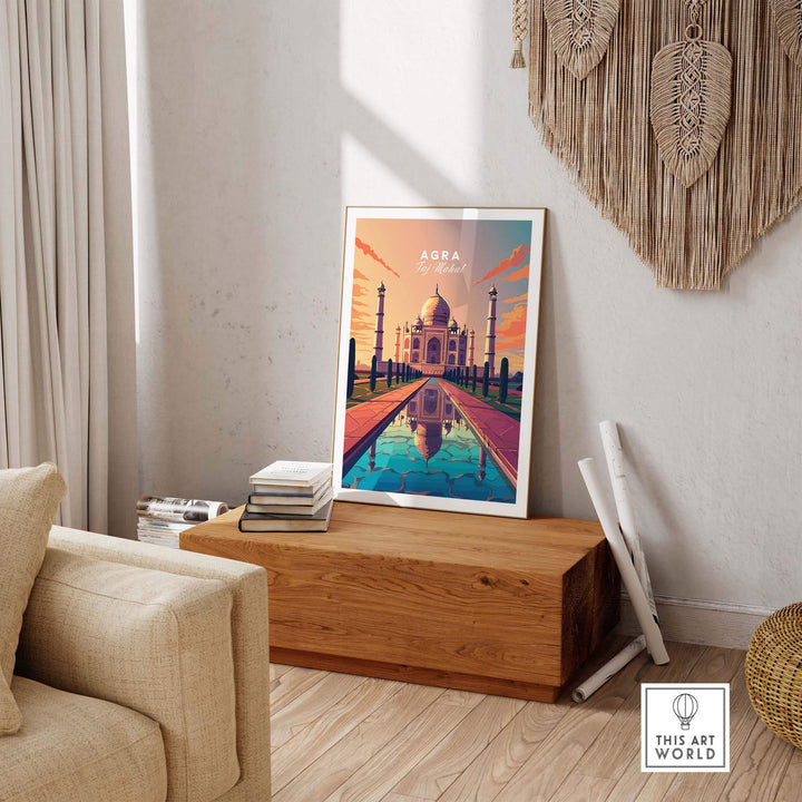 Vibrant Taj Mahal Agra wall art displayed in a cozy living room setting, enhancing home decor.