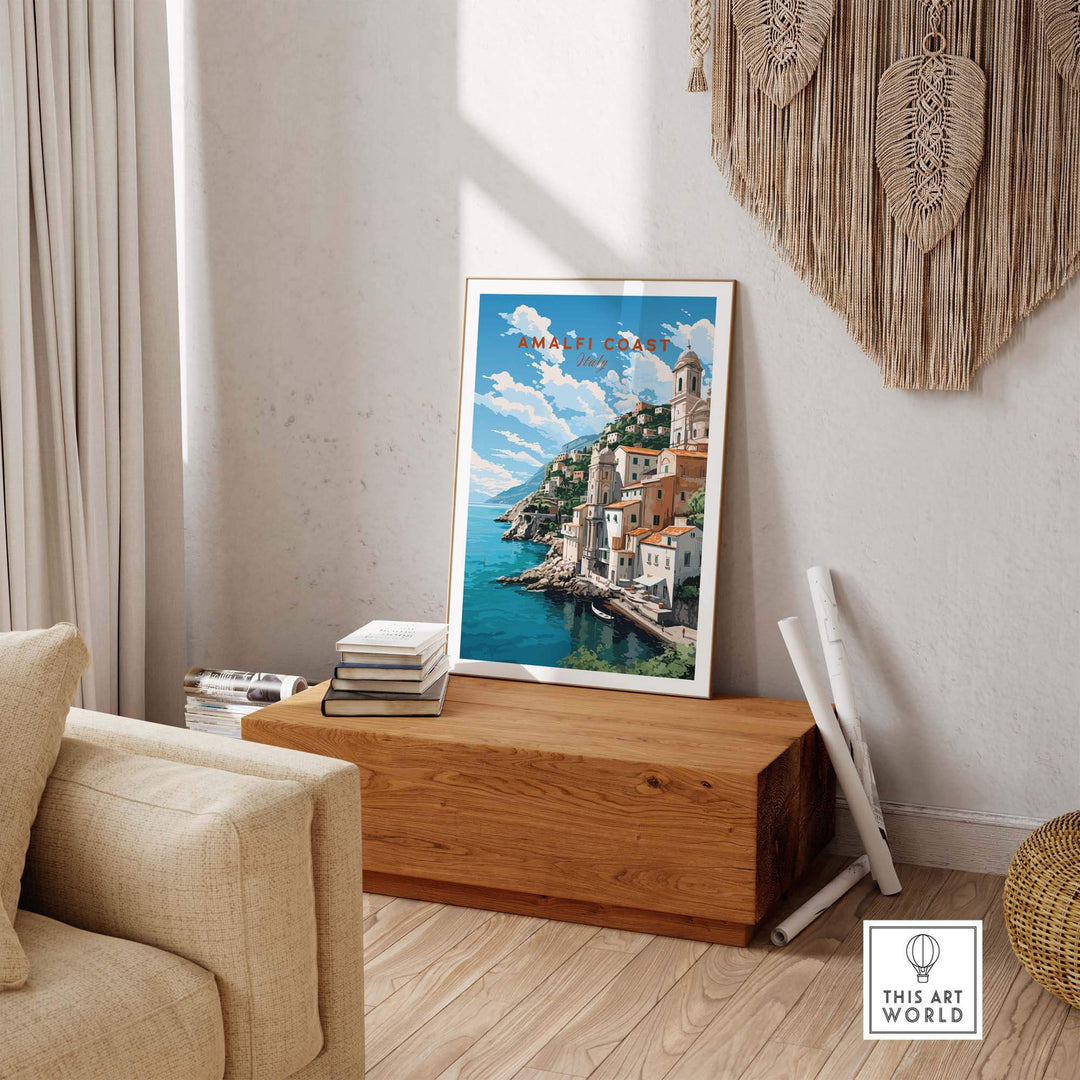 Amalfi Coast Italy travel poster showcasing pastel-colored landscape in a stylish home decor setting.
