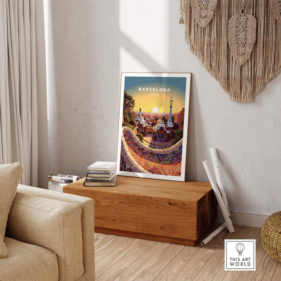 Barcelona travel poster print displayed in a cozy living room setting, featuring vibrant colors and Catalan architecture.