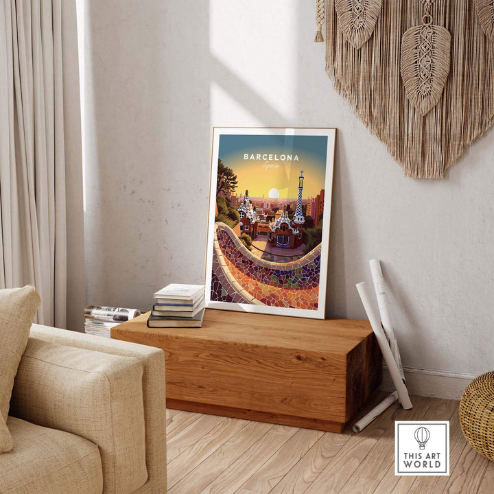 Barcelona travel poster print displayed in a cozy living room setting, featuring vibrant colors and Catalan architecture.