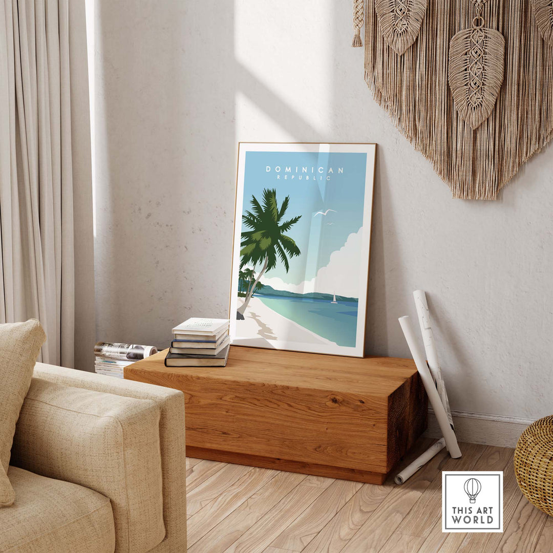 Dominican Republic travel poster print displayed in a stylish living room, depicting a tropical beach scene.