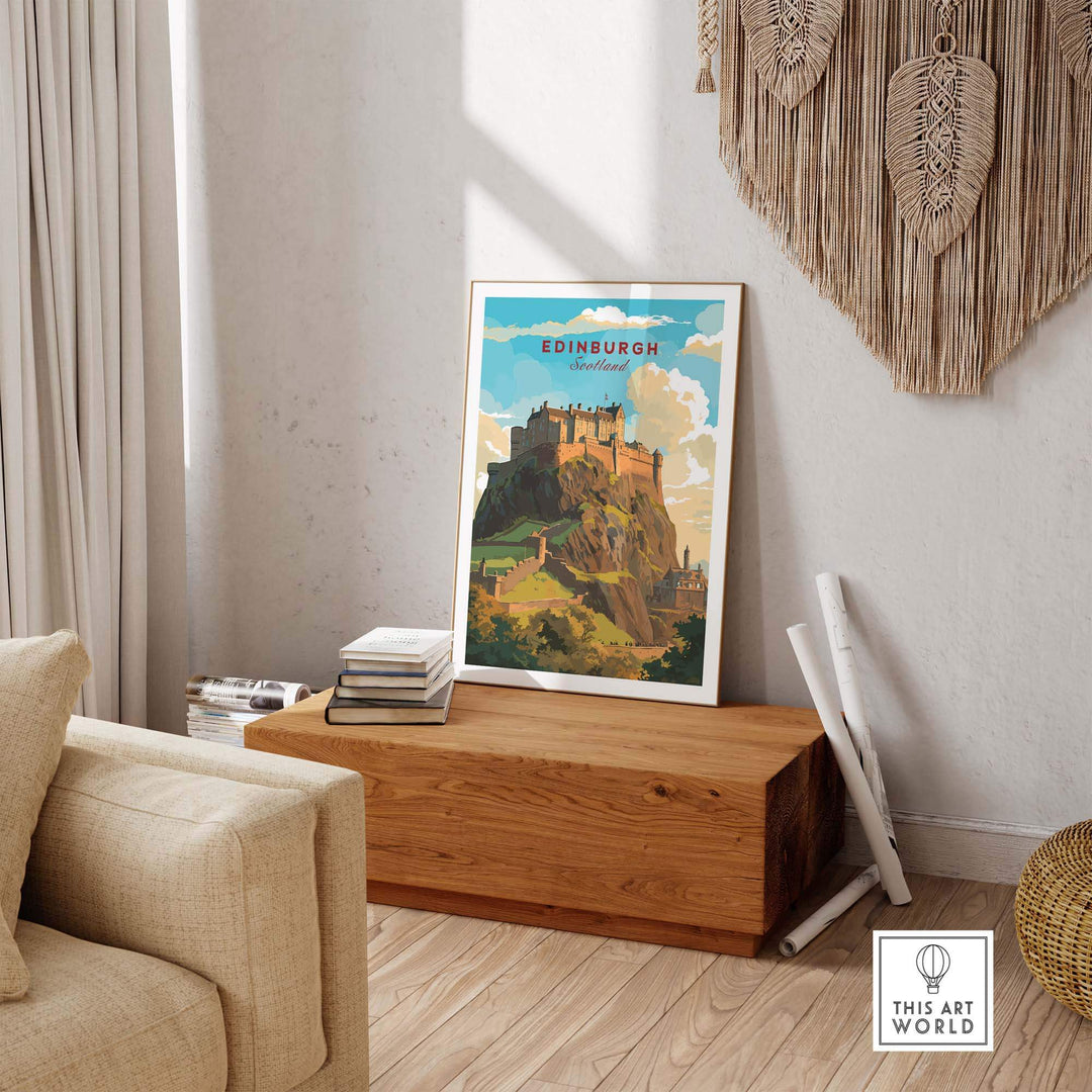 Edinburgh Poster Print showcasing Edinburgh Castle in a stylish home decor setting, ideal for travel enthusiasts.