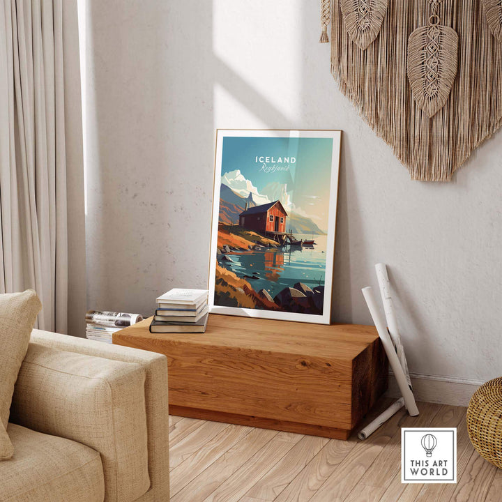 Iceland poster of Reykjavik displayed in a stylish interior, perfect for home decor or travel enthusiasts.