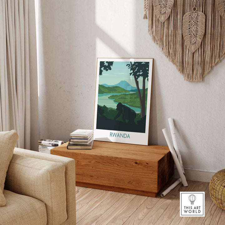 Rwanda Mountain Gorilla wall art print showcasing vibrant colors and nature, perfect for home decor.