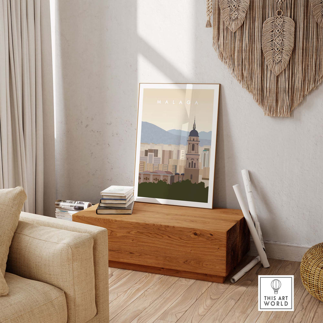 Minimalist Malaga travel poster print displayed in a stylish living room setting, perfect for modern home decor.