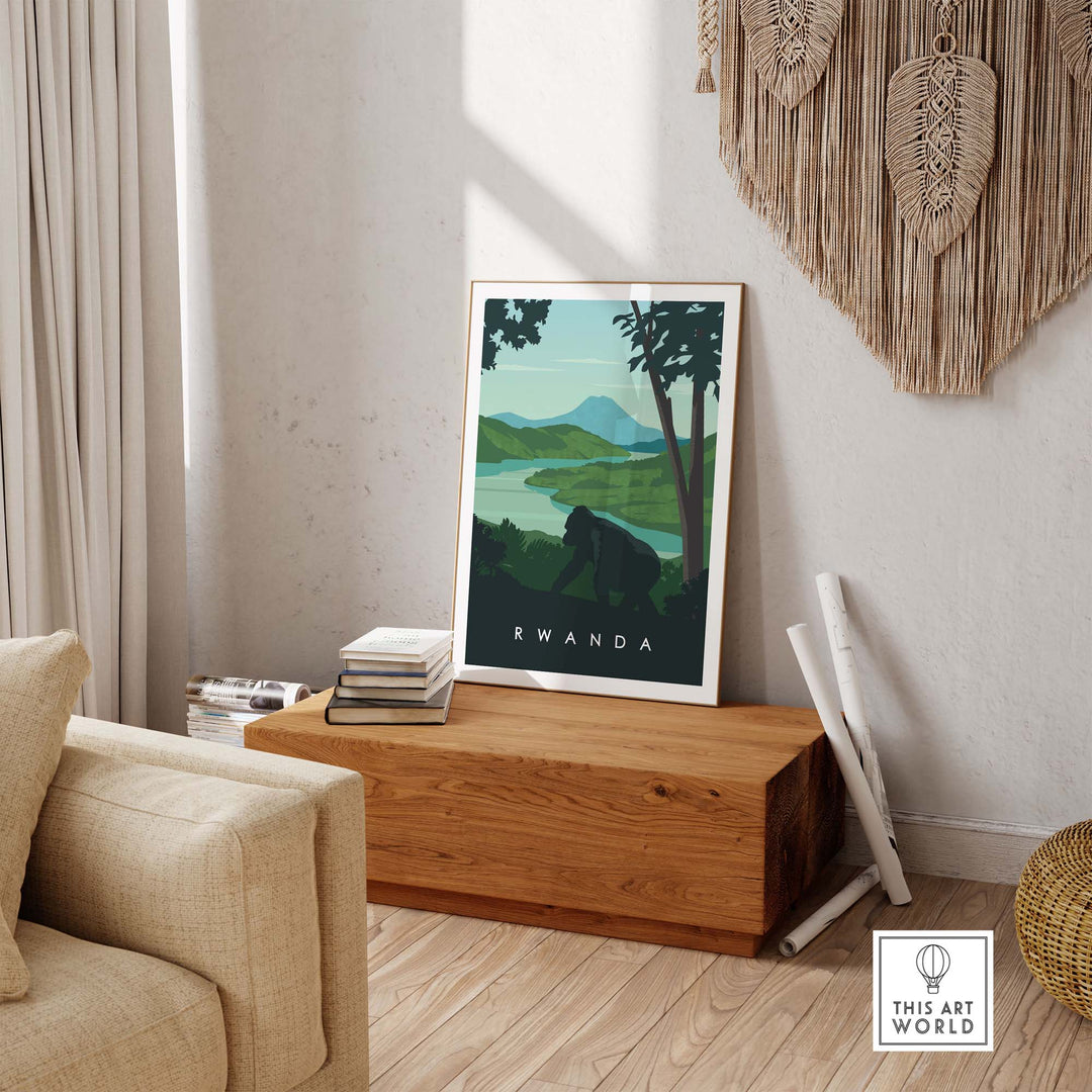 Rwanda travel poster print featuring mountain gorillas and scenic landscapes, ideal for safari-inspired decor.
