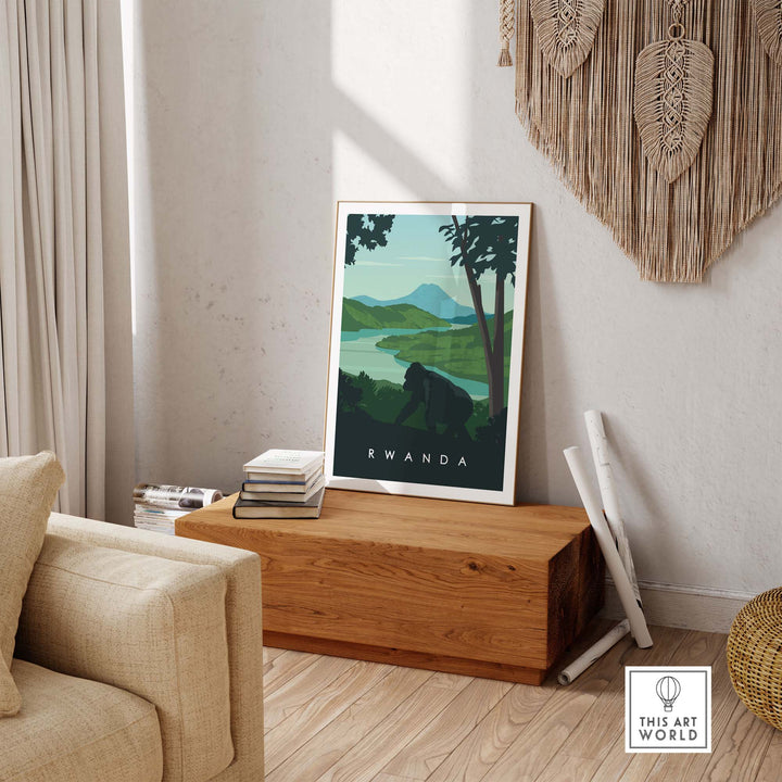Rwanda travel poster print featuring mountain gorillas and scenic landscapes, ideal for safari-inspired decor.