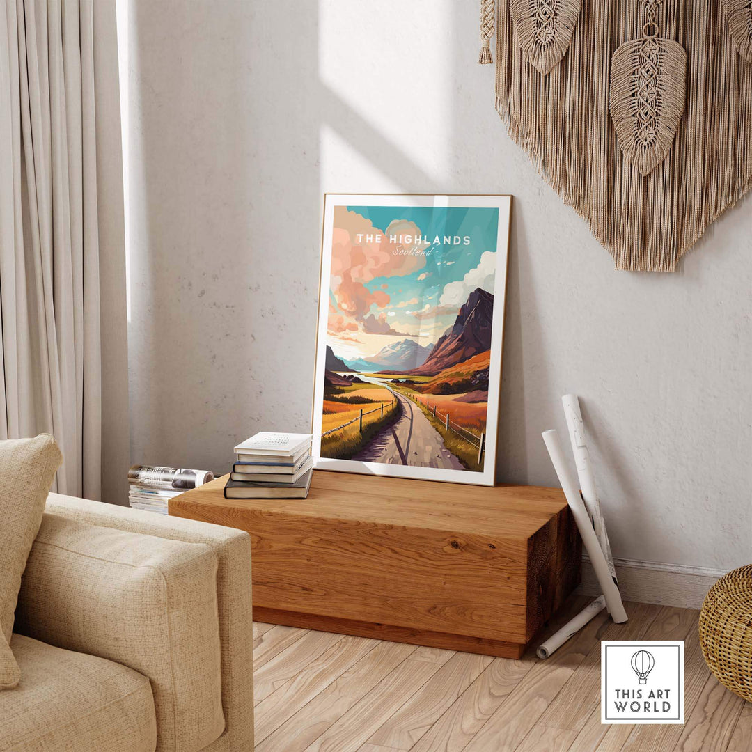 Scottish Highlands art print displayed in a cozy living room setting, showcasing vibrant landscapes and warm colors.