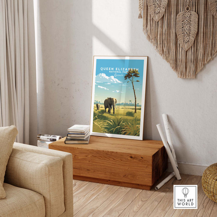Queen Elizabeth National Park poster featuring an elephant in a vibrant, scenic landscape, perfect for travel enthusiasts.