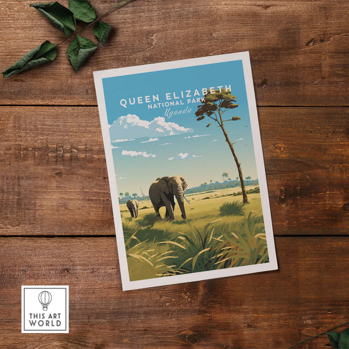 Queen Elizabeth National Park poster featuring elephants in Uganda's stunning landscape, ideal for travel enthusiasts.