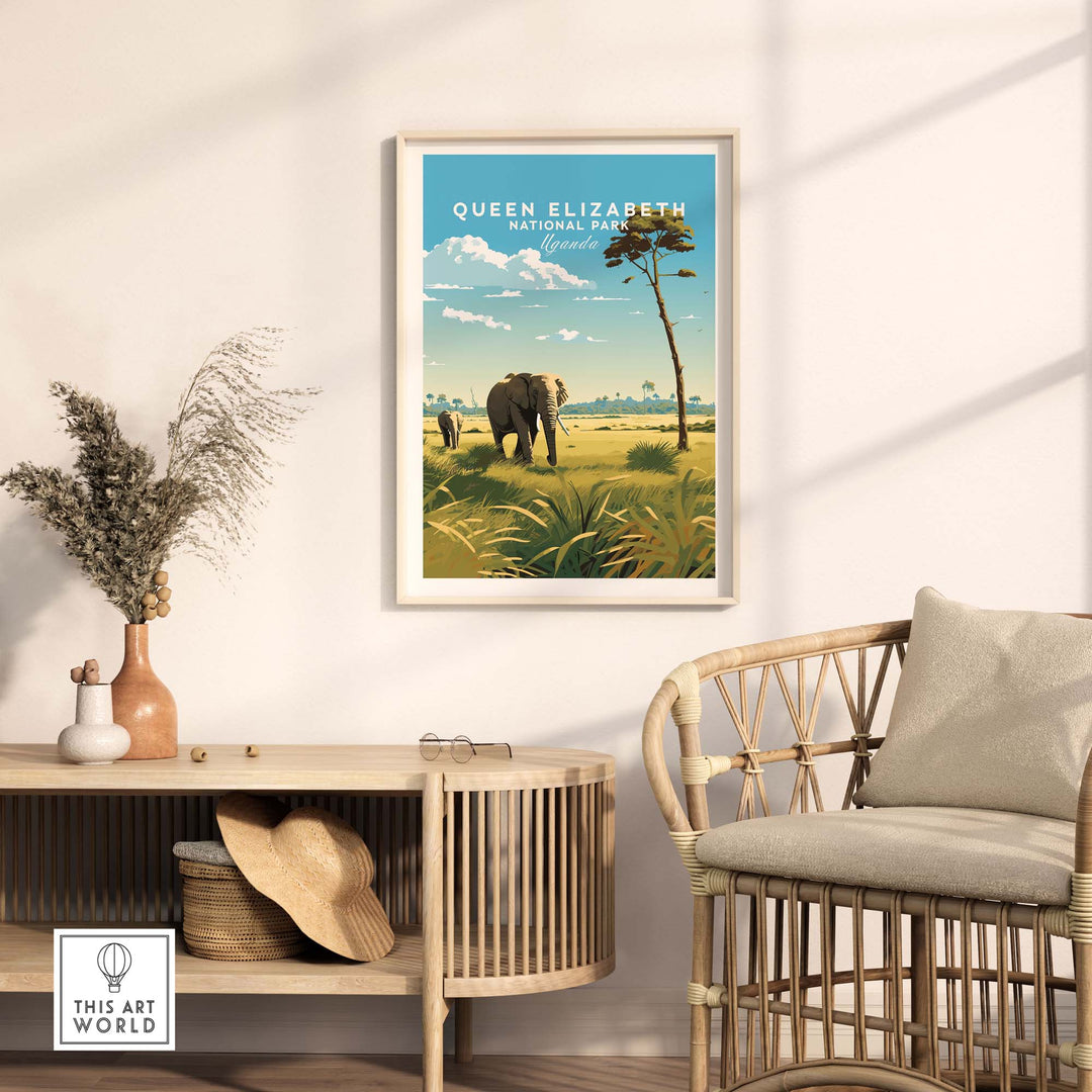 Queen Elizabeth National Park poster featuring elephants and lush landscapes, perfect for travel enthusiasts and African art lovers.