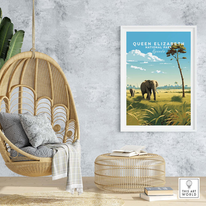 Queen Elizabeth National Park poster featuring elephants in a vibrant landscape, perfect for travel enthusiasts.