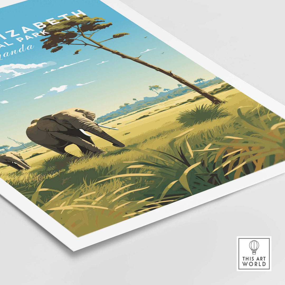 Queen Elizabeth National Park poster featuring an elephant in a vibrant Uganda landscape, perfect for travel enthusiasts.