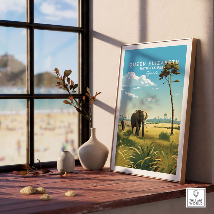 Framed Queen Elizabeth National Park poster featuring elephants and serene landscapes, perfect for travel enthusiasts.