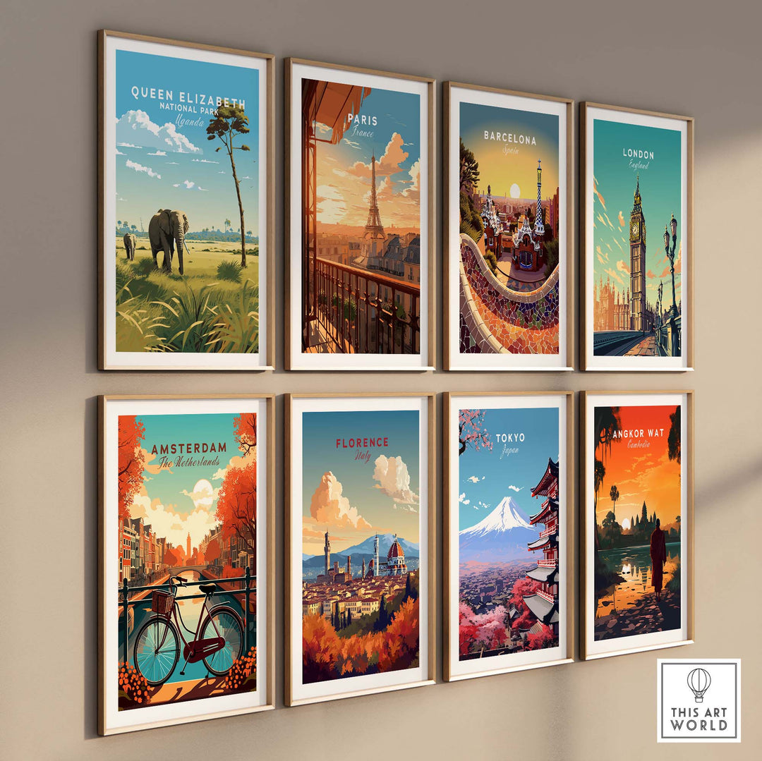 Framed travel posters featuring Queen Elizabeth National Park, Paris, Barcelona, London, Amsterdam, Florence, Tokyo, and Angkor Wat.