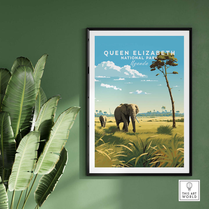 Queen Elizabeth National Park poster featuring elephants in a lush Ugandan landscape, perfect for travel enthusiasts.