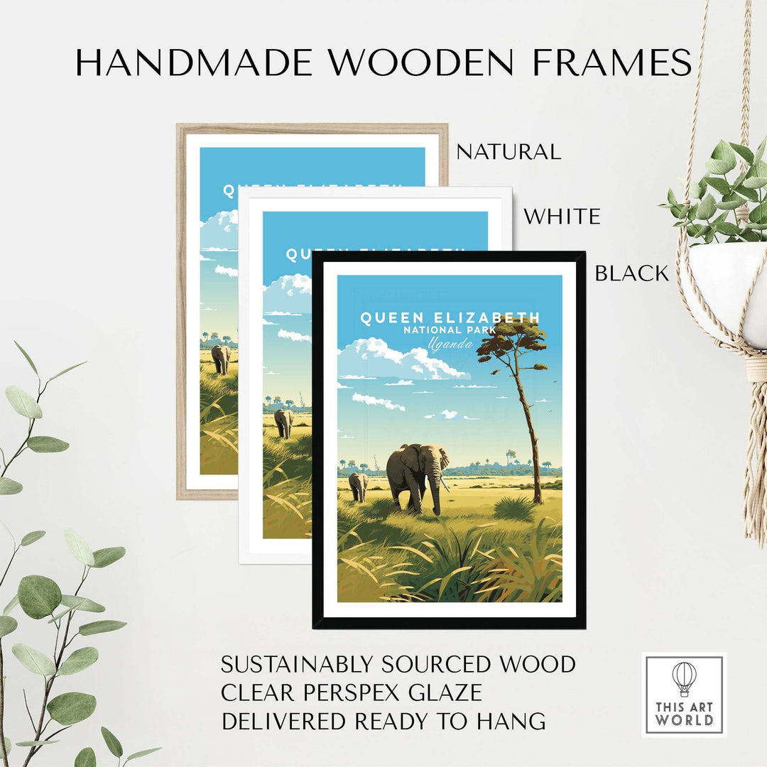 Queen Elizabeth National Park poster framed in natural, white, and black handmade wooden frames, showcasing African wildlife.