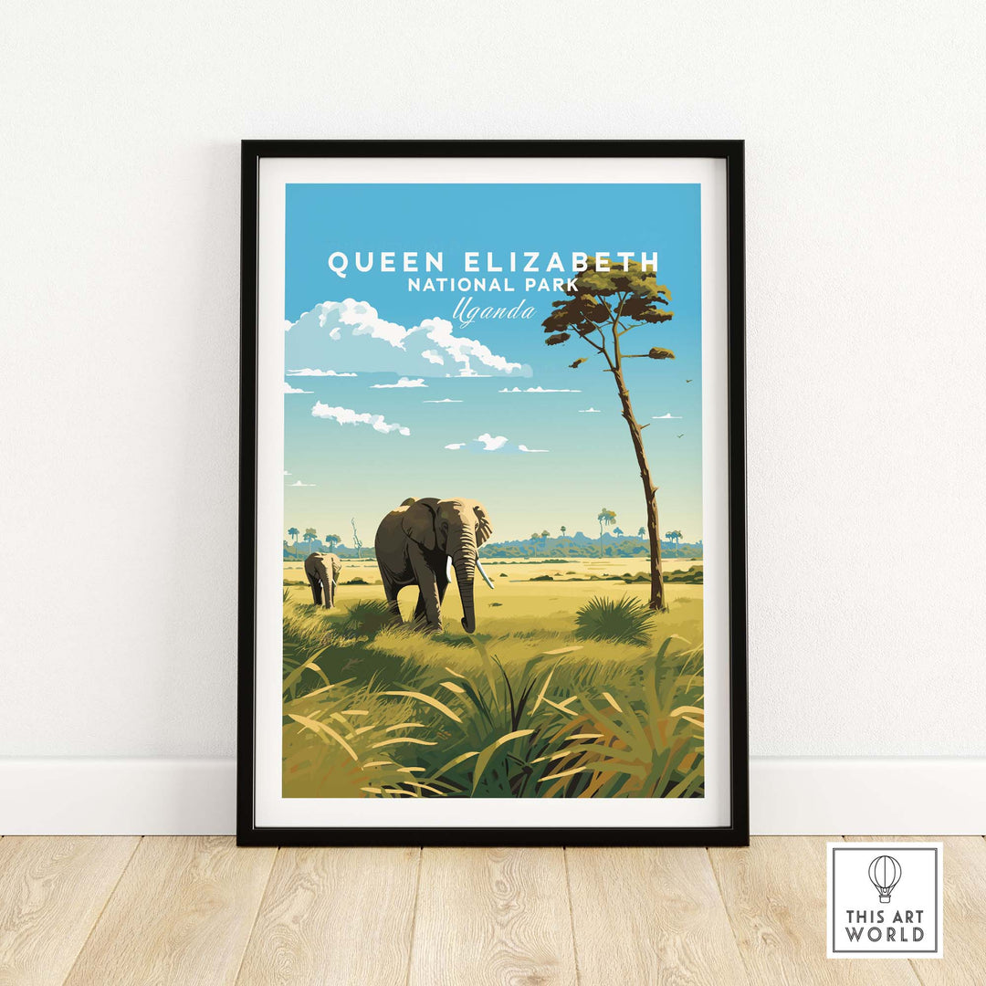 Queen Elizabeth National Park poster featuring elephants in a vibrant Ugandan landscape, perfect for travel enthusiasts.