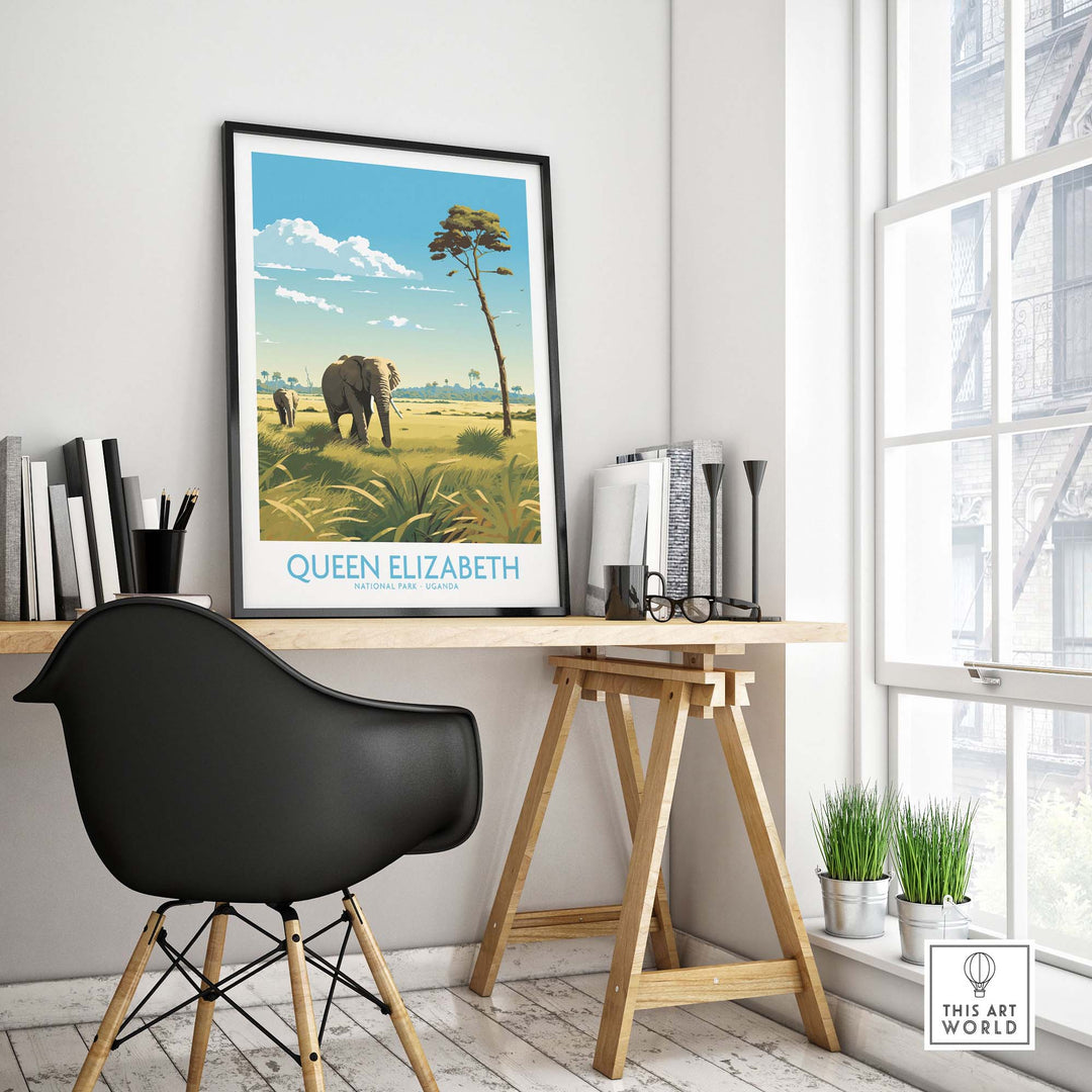 Queen Elizabeth National Park art print featuring an elephant, showcasing Uganda's wildlife in a stylish home setting.