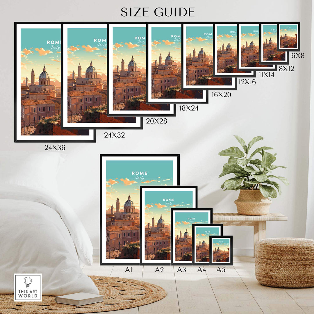 Size guide displaying various frame sizes for the Rome Print featuring scenic views of the Eternal City.
