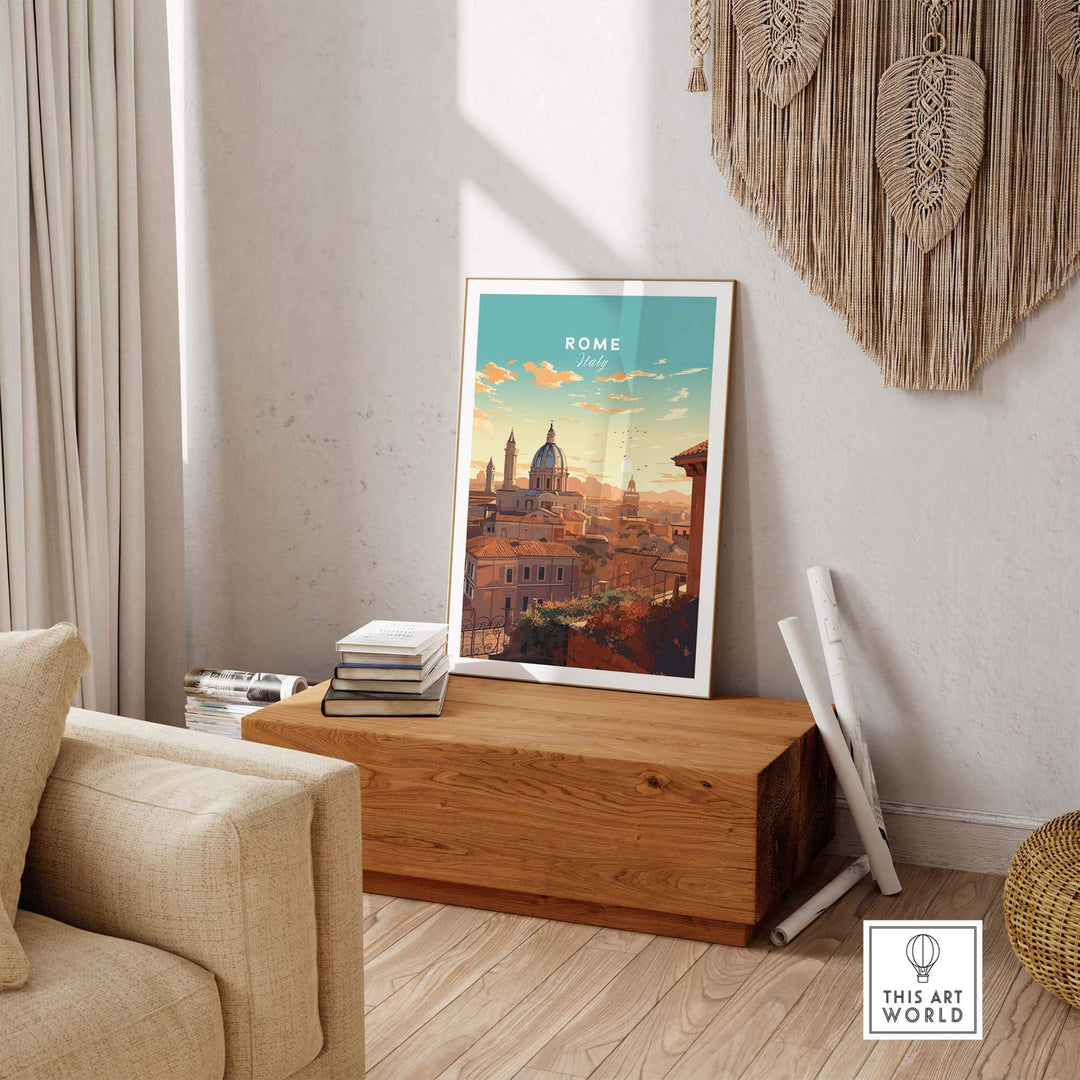 Rome print framed on a wooden table in a cozy living room, showcasing the beauty of the Eternal City.