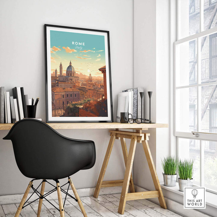 Rome Print showcased in a stylish home office, capturing the beauty of the Eternal City with warm colors and a serene vibe.