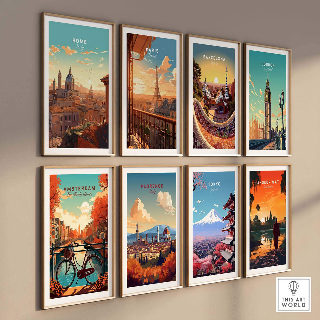 Gallery wall featuring travel prints of Rome, Paris, Barcelona, London, Amsterdam, Florence, Tokyo, and Angkor Wat.