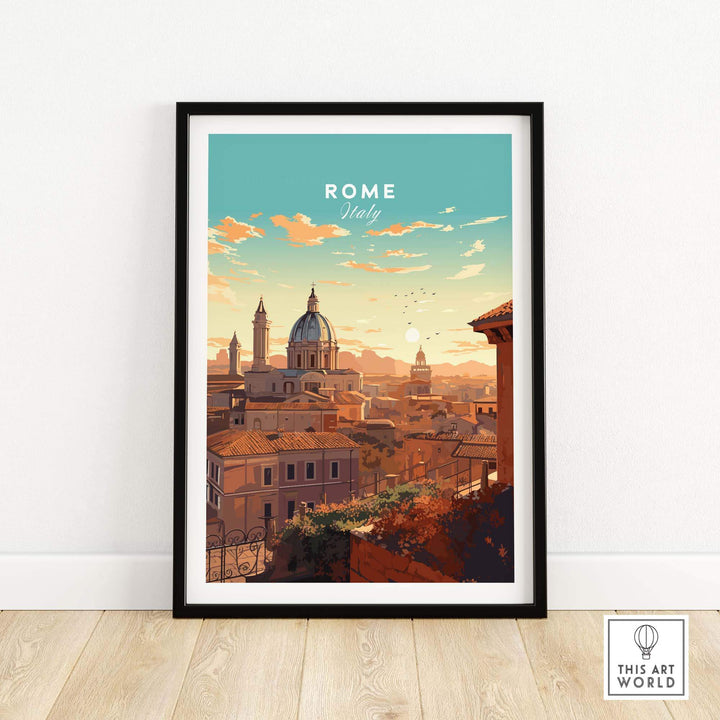 Framed Rome Print showcasing a scenic view of the city with vibrant colors and artistic charm, perfect for home decor.