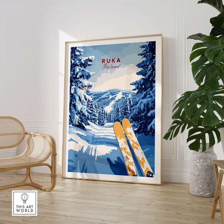 Ruka Ski Trail Print featuring snow-covered trees and skis in a serene Finnish landscape, perfect wall art for ski lovers.
