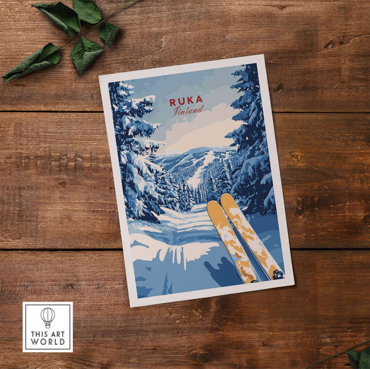 Ruka Ski Trail Print featuring skis in a snow-covered forest, capturing the essence of Finnish winter sports.