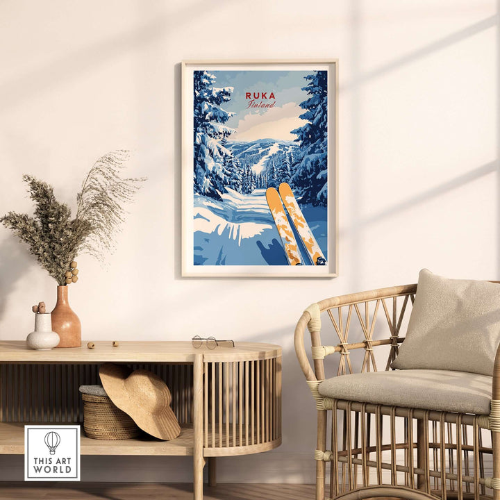 Ruka ski trail print featuring snow-covered forest, framed art, and ski gear, perfect for winter decor.